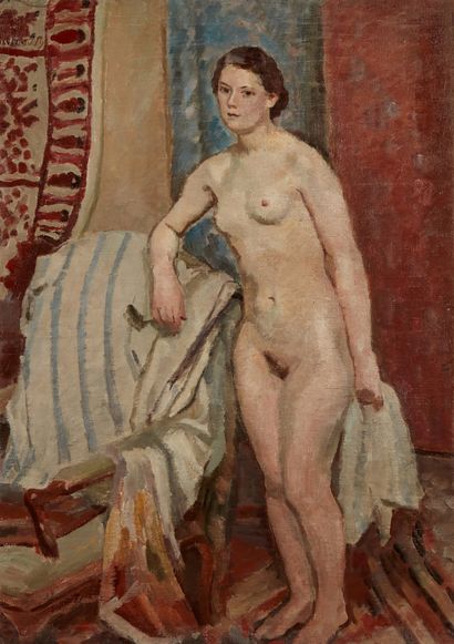 bertrand py Bertrand PY (1895-1973) 

Standing nude holding a white napkin

Oil on...