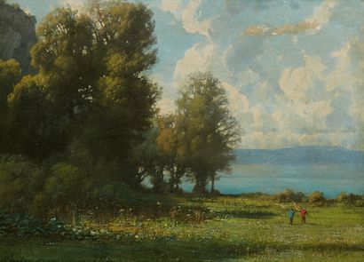 Maurice BUCHIN Maurice BUCHIN (1818-1893) 

Peasants in front of a lake 

Oil on...