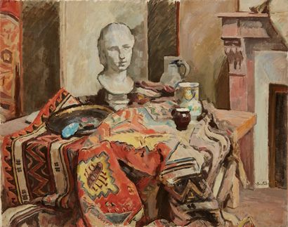 bertrand py Bertrand PY (1895-1973) 

Statue and jugs on a table

Oil on canvas,...