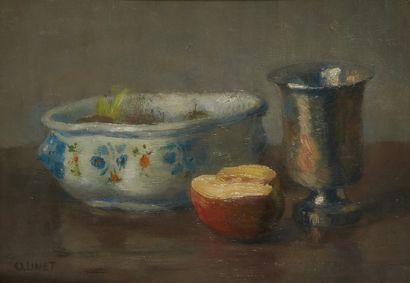 Octave LINET Octave LINET (1870-1962)

Fruits, kettle and planter

Oil on panel,...