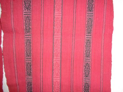 null Two widths of shaped cotton, Indonesia, red, black and cream striped cotton...