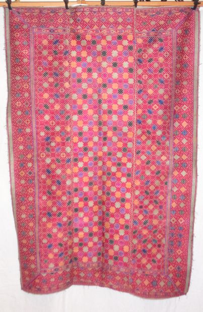 null Miao blanket, China, canvas embroidered in red, yellow, blue and purple with...
