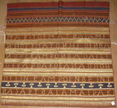null Embroidery, Southeast Asia, shaped tobacco striped brown embroidered with gold...