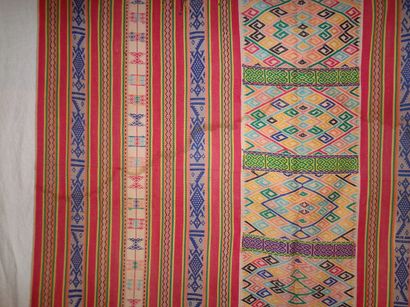 null Sarong, Timor, shaped, polychrome diamond band, red striped border, with two...