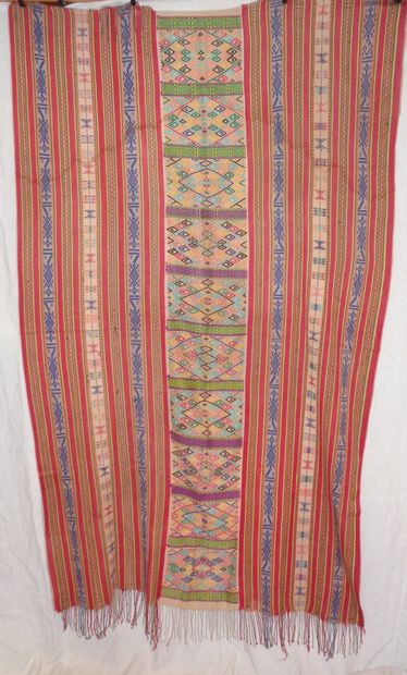 null Sarong, Timor, shaped, polychrome diamond band, red striped border, with two...