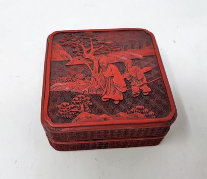 null 
Square box in red lacquer decorated with a scholar and a servant carrying a...