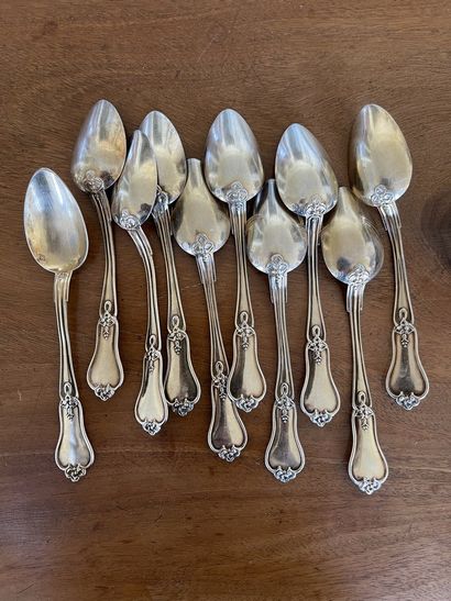 null Ten silver spoons (950/00) gilded, handle with foliage decoration

Weight: 155...