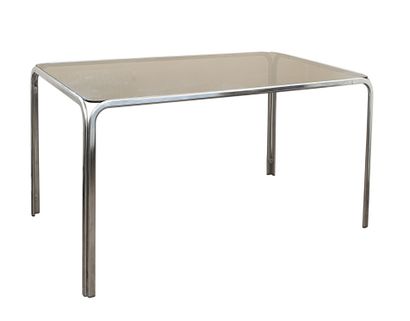 null Chromed metal desk with glass top

Circa 1970