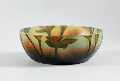 null DAUM NANCY - Multilayer glass bowl with green, yellow and orange plant decoration,...