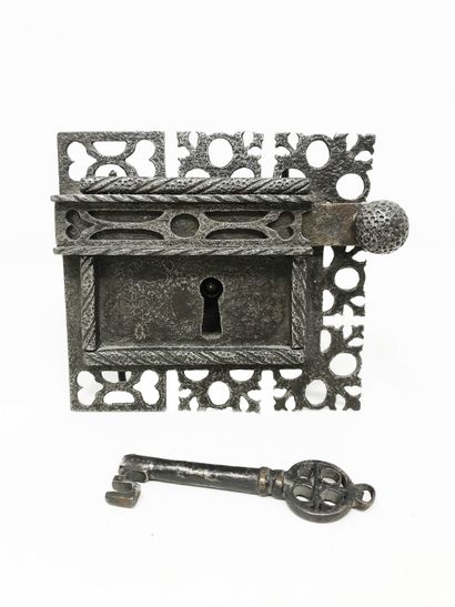 null Credenza lock and its so-called Venetian key, lock plate pierced with hearts,...