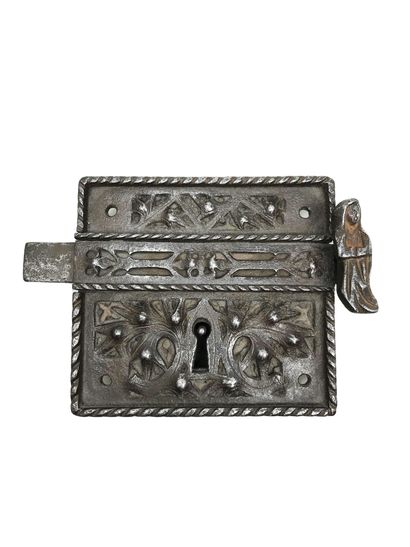 null Lock. Plate pierced with thistles, twisted frame, pierced bolt guide, knob formed...
