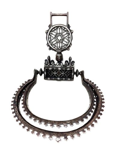null Neo-Gothic iron escarcella mount with two rings, joined by a spacer forming...