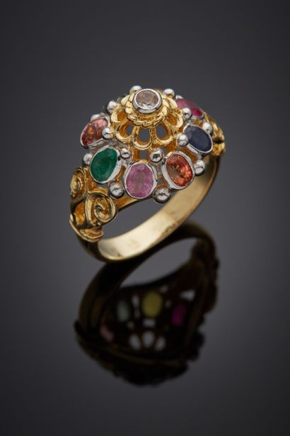 null RING "dome" in vermeil (925‰) set with garnets, amethysts, topaz, peridots,...