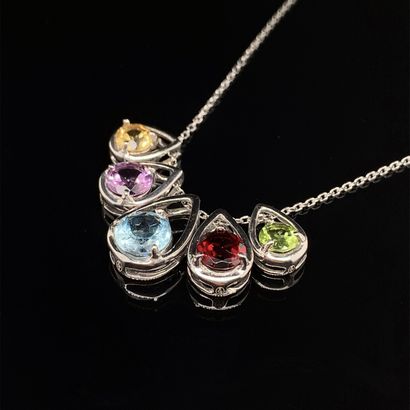 null Silver (925‰) "drops" NECKLACE holding five FALLING PENDANTS, set with amethyst,...