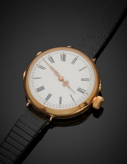 null BRACELET WATCH round in yellow gold (750‰) chased with a monogram. White enamel...