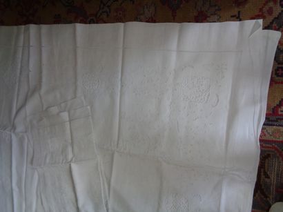 Sheet and two pillowcases, openwork decoration...