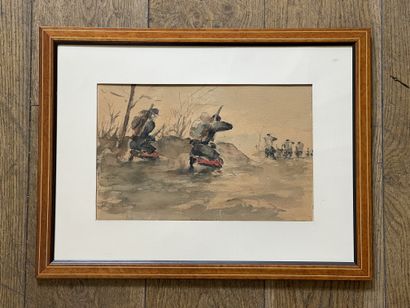 null Ecole XIXe siècle
"Soldats en position de tir"
Aquarelle signée en bas à droite...