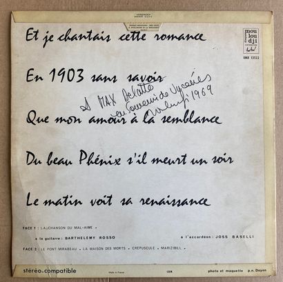 Chanson française Un disque 33T - Mouloudji (EMZ 13521)
Dédicacé par l'artiste 
VG+;...