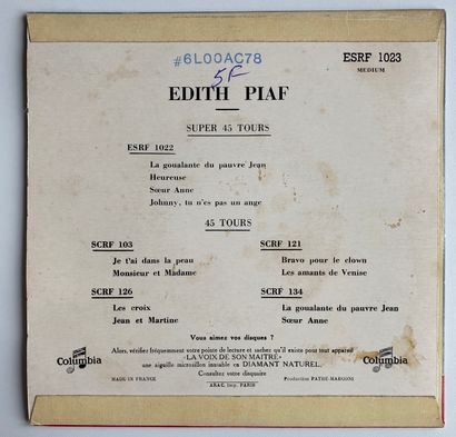Chanson française Un disque super 45T/ EP- Edith Piaf, label Columbia (ESRF1023)
Etiquette...
