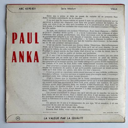 Chanson française Un disque 45T - Paul Anka
Etiquette Olympia dédicacée par l'artiste...