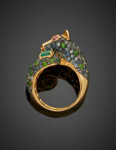 null Vermeil (925‰) "panther" ring set with sapphires, garnets and a degree-cut emerald,...