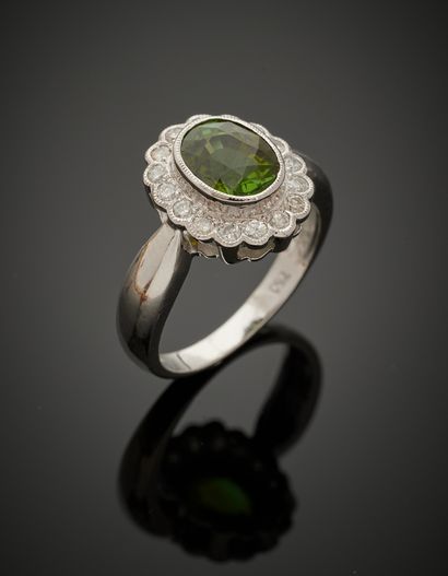 null White gold (750‰) "daisy" ring set with an oval-shaped green tourmaline surrounded...