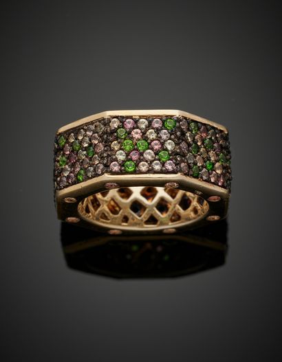 null Large blackened silver and vermeil "nut" RING (min. 800‰) entirely paved with...