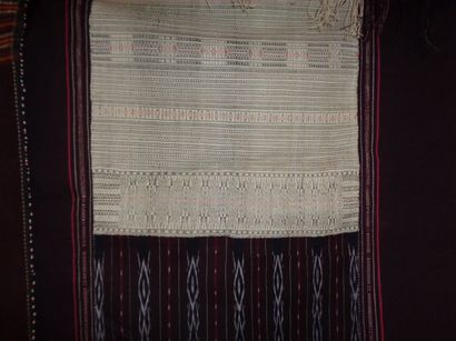null Two Ulos Ragidut ceremonial sarongs, Indonesia, Batak, Sumatra, plum background,...