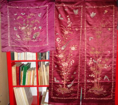 null Two drapes and a square, China, circa 1900, purple satin with polychrome embroidery...