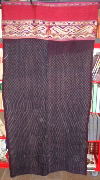 null Cover, Laos, indigo canvas with cream pattern, red stripes, Naga border, red...