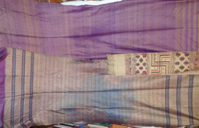 null Two silk weavings, Southeast Asia, yellow background with purple decoration...