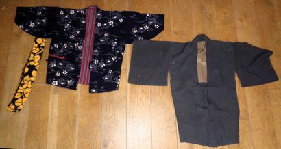 null Two jackets and a belt, Japan, blue and white cotton with flowers, grey twill....