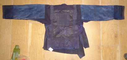 null Yao jacket, China, beaten blue canvas, blue damask sleeves with flower deco...