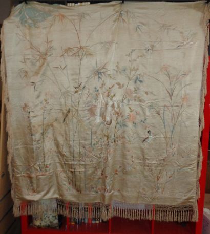 null Hanging, Southern China, circa 1900, polychrome embroidered satin with birds...