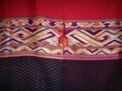 null Cover, Laos, indigo canvas with cream pattern, red stripes, Naga border, red...