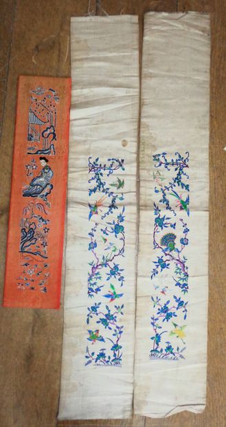 null Pair of sleeve embroideries, China, cream satin ground, blue monochrome decoration...