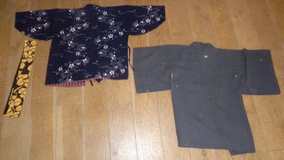 null Two jackets and a belt, Japan, blue and white cotton with flowers, grey twill....