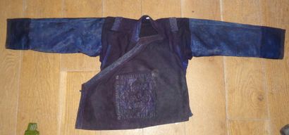 null Yao jacket, China, beaten blue canvas, blue damask sleeves with flower deco...