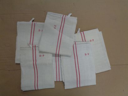 null Suite of six red striped tea towels, numbered DP