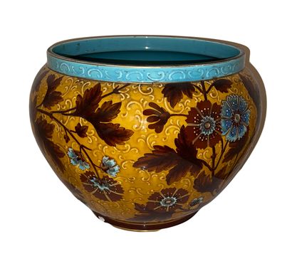 null SARREGUEMINES - Cache-pot en céramique à décor floral sur fond jaune
Fin XIX/début...