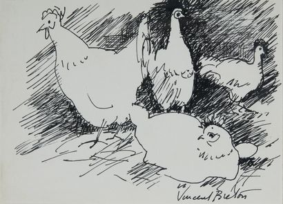 null Vincent BRETON (1919)
- Etude de poules
Plume et encre de Chine, signée en bas...