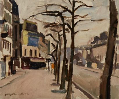 null Georges PACOUIL (1903-1996)
Rue en hiver 
Huile sur toile, signée en bas à gauche...