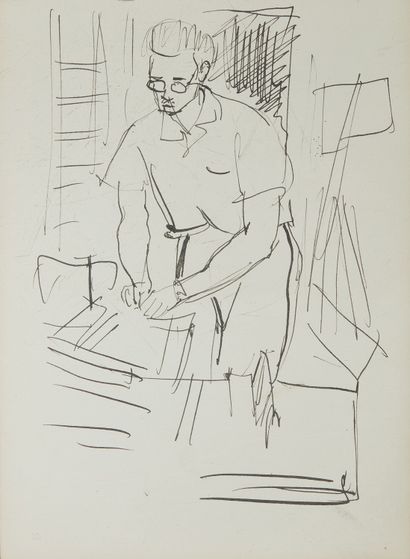 null Georges PACOUIL (1903-1996) 
Homme à l'atelier
Encre de Chine
21 x 15 cm