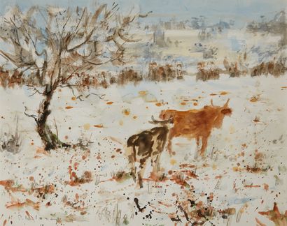 null P. LELONG (XXe siècle)
Les vaches dans la neige 
Aquarelle, signée en bas à...