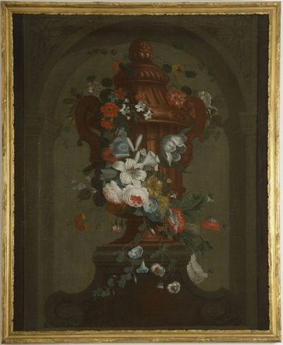HARDIME Pieter (Anvers 1677 – 1758) 1 – "Grand Vase à la guirlande de fleurs sur...