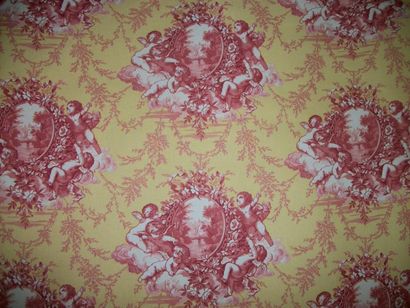 null Coton imprimé «Les Amours», style Napoléon III, fond jaune, décor rose d'un...