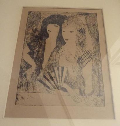 Marie LAURENCIN (1885-1956) " Elégantes à l'éventail" Gravure en noir sur papier....