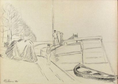 Armand GUILLAUMIN (1841-1927) "Péniches sur la Seine" Fusain. Signé et daté 82 en...