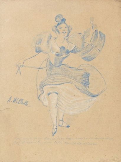 null Alphonse WILLETTE (1857-1926) "Femme aux ciseaux", Dessin au crayon bleu et...