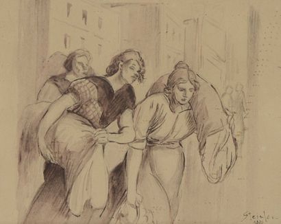 null STEINLEN Théophile Alexandre (1859-1923) « Les lingères » Lavis d'encre et aquarelle,...